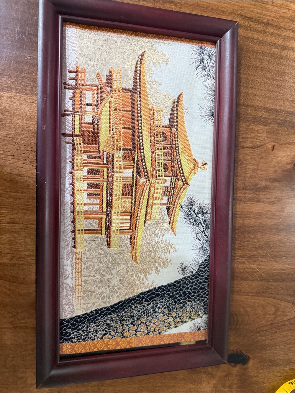 Framed Gold and Brown Pagoda Wall Art - Traditional Asian Temple silk cloth.